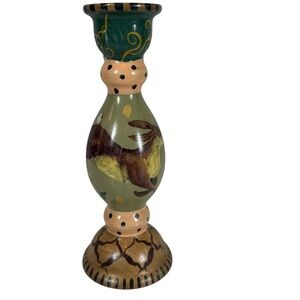 TRACY PORTER 1993 Hand Painted Wooden Candle Stick with Vintage Rabbit